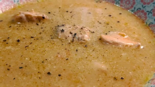 丼の中に魚が入った熱い魚汁の表面 — ストック動画