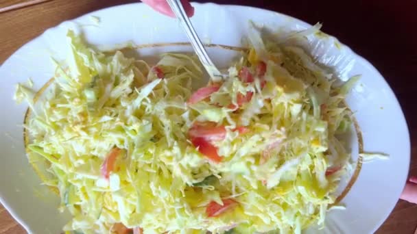 Mencampur Salad Sayuran Segar Berbaring Piring — Stok Video