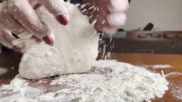自家製パンを作るために生地をこねる女性の手 — ストック動画
