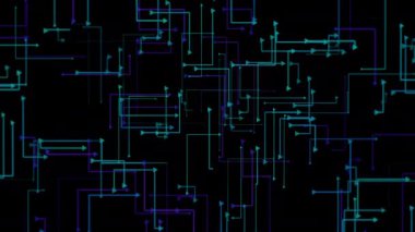Sürekli değişen, görünen ve kaybolan kaotik dijital bağlantıları tasvir eden soyut animasyon arka plan. Aygıtlar arasındaki dijital veri değişimi kavramı.