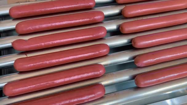 Nombreuses Saucisses Hot Dog Sont Frites Sur Gril Électrique Rotatif — Video
