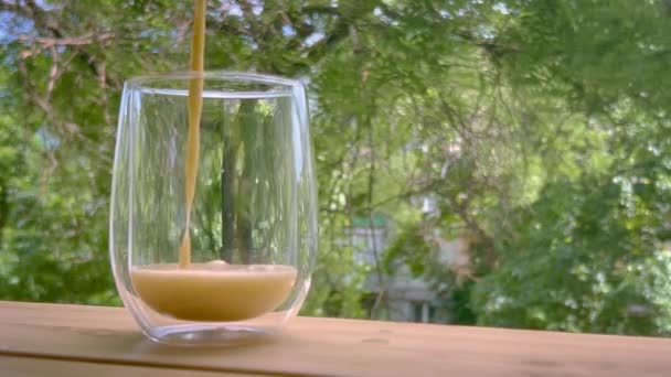 新鲜挤榨的果汁倒入绿色植被背景下的杯子中 — 图库视频影像