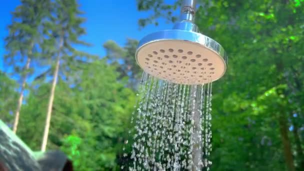暑い日に緑の植生の背景にシャワーから水のジェットを注ぐ — ストック動画