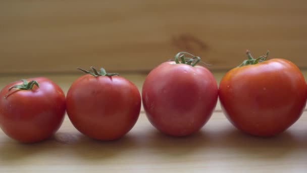 木桌上一排不同大小和形状的红色西红柿 — 图库视频影像