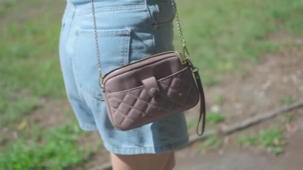 認識できない女性は 泥棒のための簡単な獲物である開いた小さな財布で歩きます — ストック動画