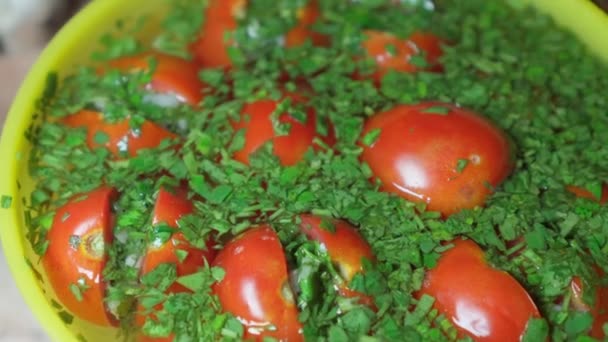 腌制的西红柿泡在富含香草的特殊酱汁中 — 图库视频影像