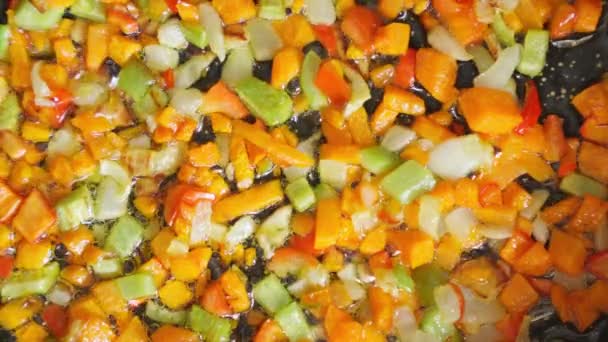 Freír Verduras Frescas Sartén Zanahorias Cebollas Pimientos Pimentón — Vídeo de stock