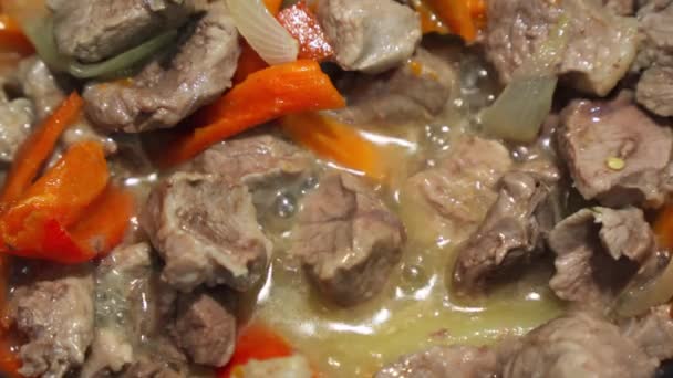 肉片用平底锅和肉汁一起煮 — 图库视频影像