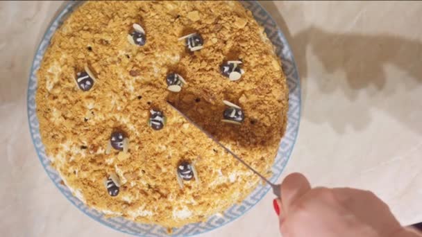 Жінка Вирізає Шматок Прикрашеного Торта Вид Зверху — стокове відео