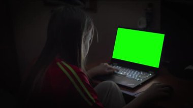 Liseli kız, karanlık odada dizüstü bilgisayarın önünde tek başına oturuyor ve dikkatlice yeşil ekrana bakıyor. Ekleme için boş alan.