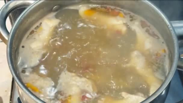 Киплячий Суп Металевій Сковороді Кухонній Плиті — стокове відео