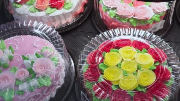 Lots Variously Decorated Birthday Cakes Display — Stock Video