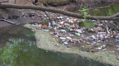 Ormanlık alandaki nehirde büyük bir plastik atık yığını..