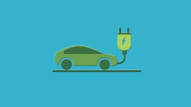 Mavi üniforma arka planında şarj prizi olan 2D elektrikli araba animasyonu..