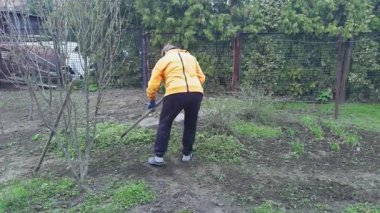 Turuncu kazaklı bir kadın bahçede çalışıyor. Toprağı sürmek için yaba kullanıyor..