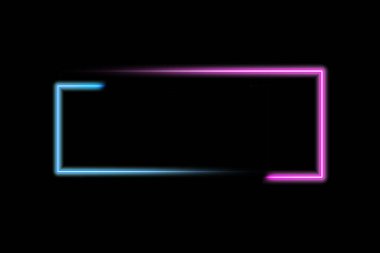 Pembe ve mavi parlak neon ışıklarının geometrisinden soyut kare fotokopi alanı ile koyu arkaplanda. İllüstrasyon fütüristik neon aydınlatma çerçeve kavramı.