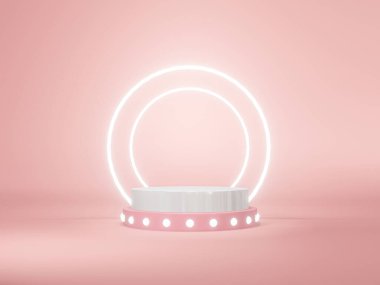 3D pembe ve metalik beyaz podyum minimal tarzda, sahne stüdyosunun pembe arka planında çift parlayan ampullü. Pastel minimalist podyum sahne konseptinde ürün için 3D aşaması.