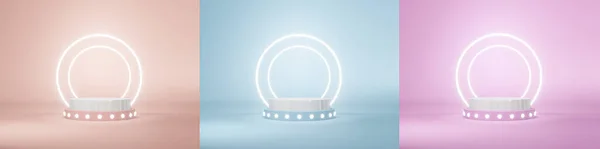 Set 3d pastel and metallic white podium minimal style with double glowing circle light bulb on scene studio background. Stage 3d for product in pastel minimalist podium scene concept.