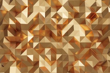 Metalik yüzey parlayan dokusu olan üç boyutlu altın üçgen. Resim 3D geometrik lüks tarzı konsept.