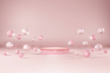 3D metalik pembe podyum. Pembe sahne arkasında parlak pembe topları var. Pastel minimalist podyum tarzında kozmetik ürünleri göstermek için sahne.