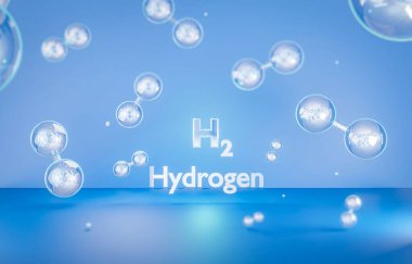 Mavi su arka planında 3 boyutlu Hidrojen H2 gaz molekülü. Hidrojen sürdürülebilir alternatif temiz eko enerji kavramının gösterimi.