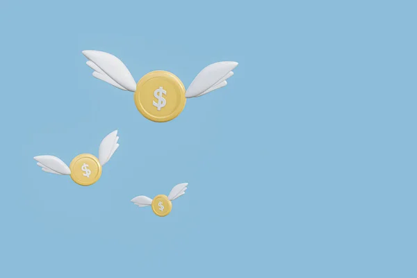 3d Gold dollar coins with white wings on blue background.illustration flying money for expenses concept.