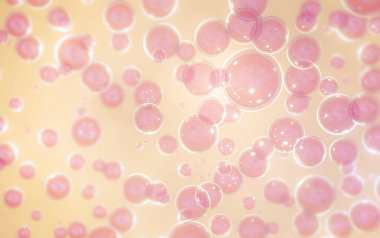 Açık kahverengi arka planda havada süzülen 3 boyutlu pembe baloncuk ya da atom. Bilim için soyut bir yapı. İllüstrasyon 3d kolajen molekülü oluşturma kavramı.