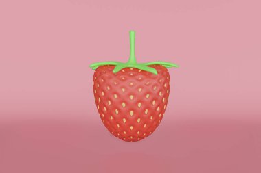 Pembe stüdyo arka planında yeşil yapraklı üç boyutlu kırmızı çilek. 3d meyve kavramı.