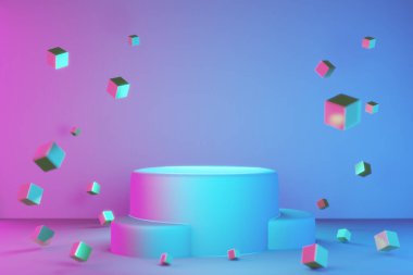 3D podyum minimal stili, stüdyo arka planındaki odada açık pembe ve mavi renkli. Teknoloji podyumu sahne konseptinde kozmetik ürün için 3d küp.