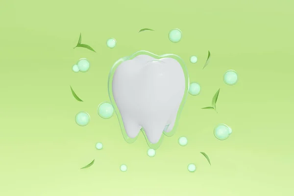 半透明のコーティング 緑茶の葉と緑のスタジオの背景に緑のボールを持つ白い赤ちゃんの歯や子供の歯の3D イラスト 3Dレンダリング歯科ケアと自然な抽出コンセプト — ストック写真