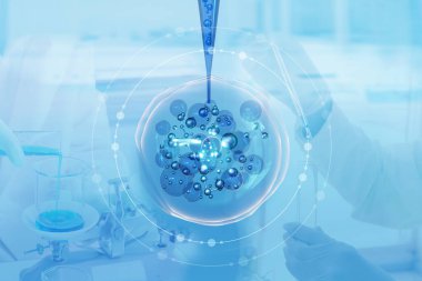 Soyut mavi hücre ya da baloncuk ve vitamin düşüşü. El bilimi alanında ekipman laboratuvarı var. Tedavide kullanılan makro teknolojinin çizimi hücresel düzeyde deri.