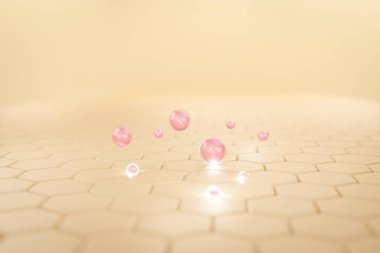 3D pembe kolajen çift kabarcık ve kahverengi arka plandaki deri hücresinde vitamin düşüşü. Tedavinin 3D görüntüleme makro teknolojisi hücresel düzeyde deri.
