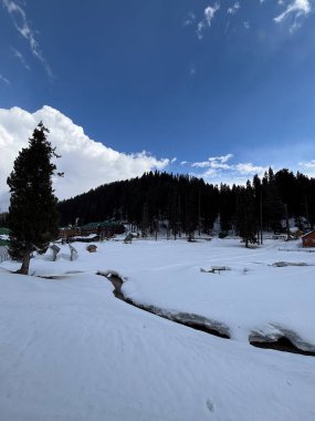 Güzel Gulmarg vadisi karla kaplı ve yüksek dağlarla çevrili.