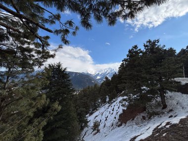 Güzel Gulmarg vadisi karla kaplı ve yüksek dağlarla çevrili.