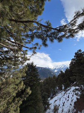 Güzel Gulmarg vadisi karla kaplı ve yüksek dağlarla çevrili.