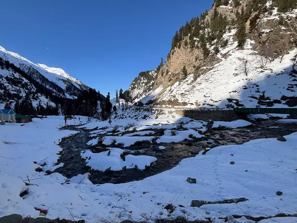 Pahalgam Vadisi Chandanwadi 'nin güzel karlı manzarası 