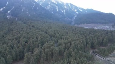 Pahalgam Vadisi 'nin güzel hava manzarası. Etrafı nehirle çevrili ve dağlarla çevrili.