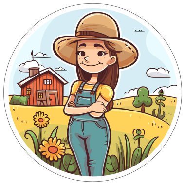 Kırsal alanda ve çiftlik binalarının arka planında mutlu bir çiftçi kızı. Sağlıklı bir yaşam tarzı, tarım, çiftlik konsepti. Çizgi film vektör çizimi. Etiket, etiket, tişört yazdırma