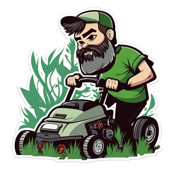 Ein Bärtiger Fahrer Eines Benzinbetriebenen Rasenmähers Mäht Den Rasen Seinem — Stockvektor