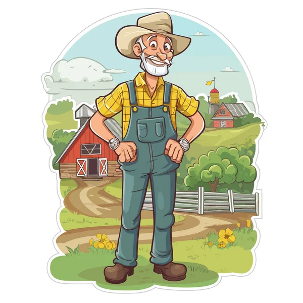 以农场和乡村风景为背景的快乐农民 健康的生活方式 农场的概念 卡通矢量图解 T恤衫印刷 — 图库矢量图片