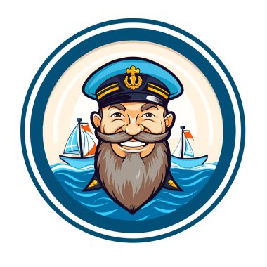 Bir yolcu gemisi kaptanı. Kargo taşımacılığı, araba, konteynır ve diğer mallar. Sakallı adam. Çizgi film vektör çizimi. Etiket, etiket, tişört yazdırma