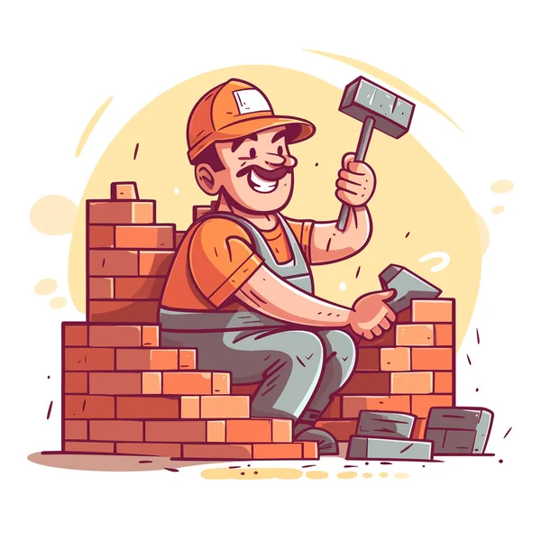家の壁を修理している男性の漫画家 建物の仕事 建設とメンテナンスの仕事 ベクトルイラスト ラベル ステッカー Tシャツ印刷 — ストックベクタ