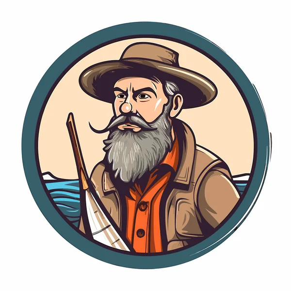 漁船の船長の姿 フェリーマン船長 髭を生やした男 漫画のベクターイラスト ラベル ステッカー Tシャツ印刷 — ストックベクタ