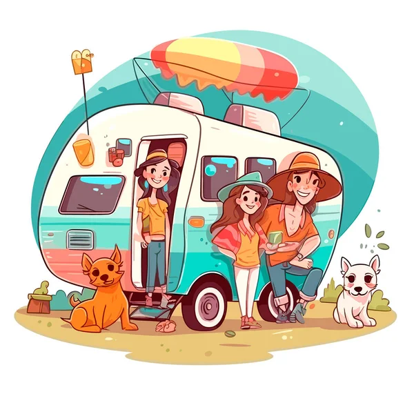 Reis Met Caravan Voor Avontuur Zomervakantie Kamperen Familie Reis Cartoon — Stockvector