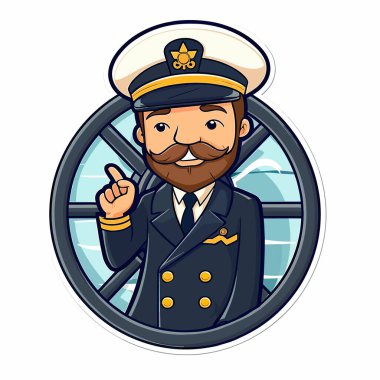 Nakliye gemisinin kaptanı. Turist, araba ve konteynır sevkiyatı. Sakallı adam. Çizgi film vektör çizimi. Etiket, etiket, tişört yazdırma