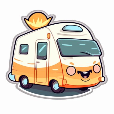 Macera için karavanla seyahat et. Yaz tatilleri ve kamp. Aile gezisi. Çizgi film vektör çizimi. Etiket, etiket, tişört yazdırma