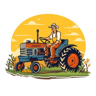 Bir çiftlik traktörü tarlayı sürmeye gider. Sağlıklı bir yaşam tarzı, tarım, çiftlik konsepti. Çizgi film vektör çizimi. Etiket, etiket, tişört yazdırma