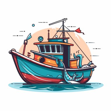 A small fishing boat goes out to sea. Cartoon vector illustration. label, sticker, t-shirt printing clipart