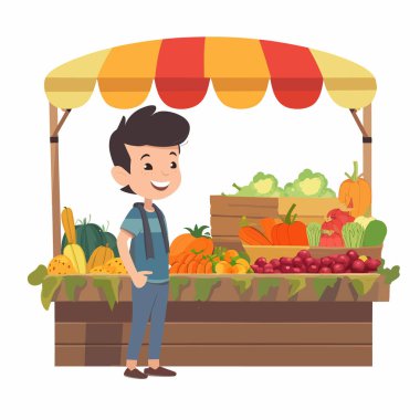 Sebze ve meyve tezgahı. Küçük gıda pazarı. Sağlıklı bir yaşam tarzı. Organik yiyecekler. Çiftlik ürünleri. Çizgi film vektör çizimi. Etiket, etiket, tişört yazdırma