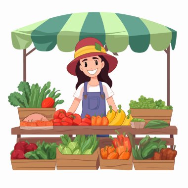 Sebze ve meyve tezgahı. Küçük gıda pazarı. Sağlıklı bir yaşam tarzı. Organik yiyecekler. Çiftlik ürünleri. Çizgi film vektör çizimi. Etiket, etiket, tişört yazdırma